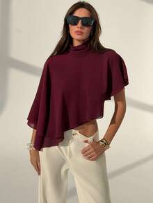 Aloruh Romantisk Stand Collar Cape Asymmetrisk Fåll Dubbelskiktad Chiffong Lila Damblus - Rödviolett - Visa 2