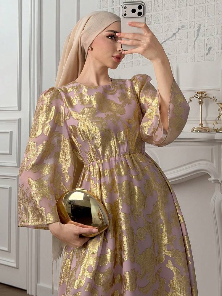 Women's Elegant Floral Print Round Neck Puff Sleeve Long Dress, Spring/Summer Wedding Guest Dress Maxi Dress Sundress