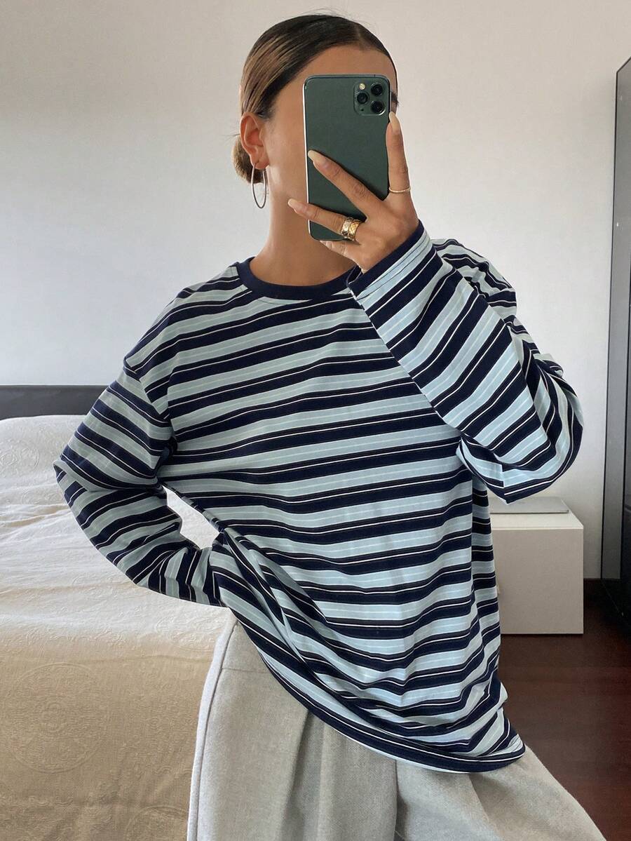 DAZY Women's Casual Striped Loose Long Sleeve Round Neck T-Shirt, Autumn Y2k - Royal Blue - View 1