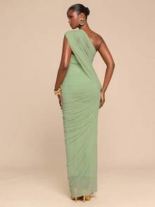 SHEIN BAE Spring & Summer Sage Green Elegant Romantic Spaghetti Strap Ruched Dress, Summer Dress,Valentine's Day,Party Dress,Wedding Guest Dress,Birthday Dress,Elegant Dresses ,Vacation Outfits Women,Grenn Dress One Sleeve Dress One Shoulder Dresses