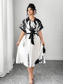Elenzga Plus Size Elegant Floral Color Block Shirt Dress, Slimming Belt Design, Suitable For Daily Commute And Outdoor Activities - Multicolor - View 4