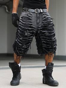 Manfinity EMRG Men's Casual Distressed Frayed Hem Printed Black Denim Shorts - Black - View 1