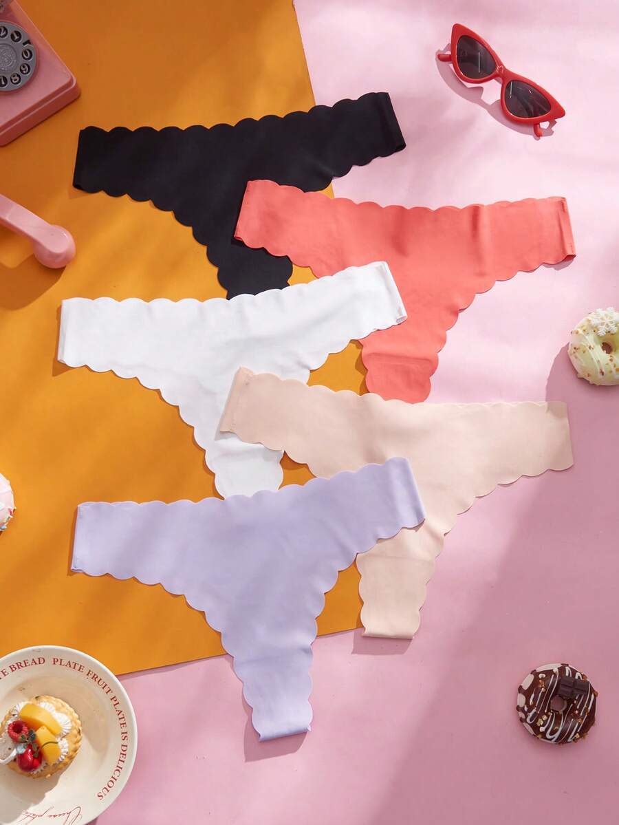 Nora Wilde 5pcs/Set Colorful Minimalist Comfortable Seamless Thong Panties With Scallop Trim For Girls - Multicolor - View 1