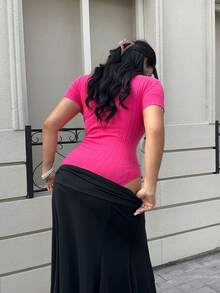 SHEIN EZwear Plus Ribbed Knit Lettuce Trim Bodysuit - Hot Pink - View 2