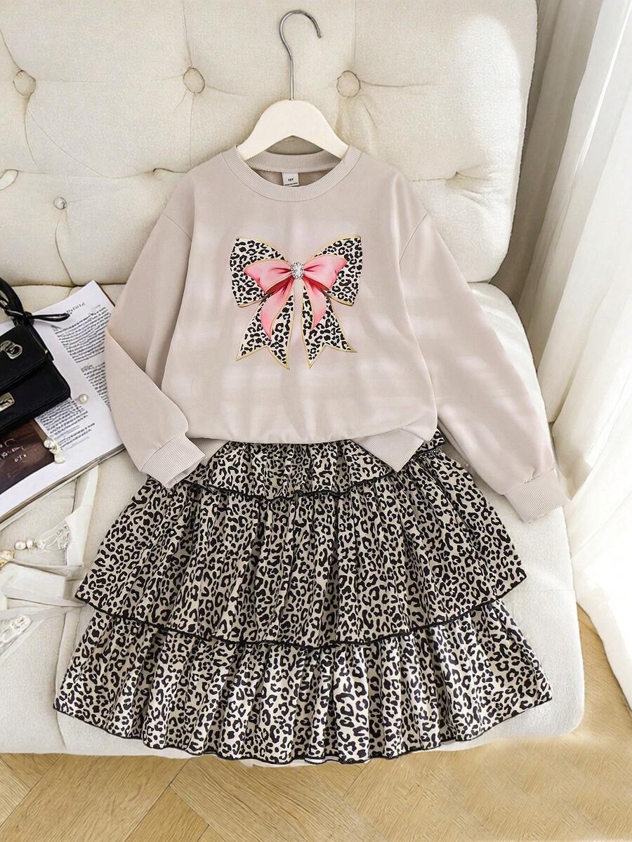 Elladie kids Tween Girls Sunshine Sweet Girl Apricot Printed Long Sleeve Top Paired With Leopard Print Pleated Skirt, Casual Minimalist T-Shirt Set - Grey - View 1