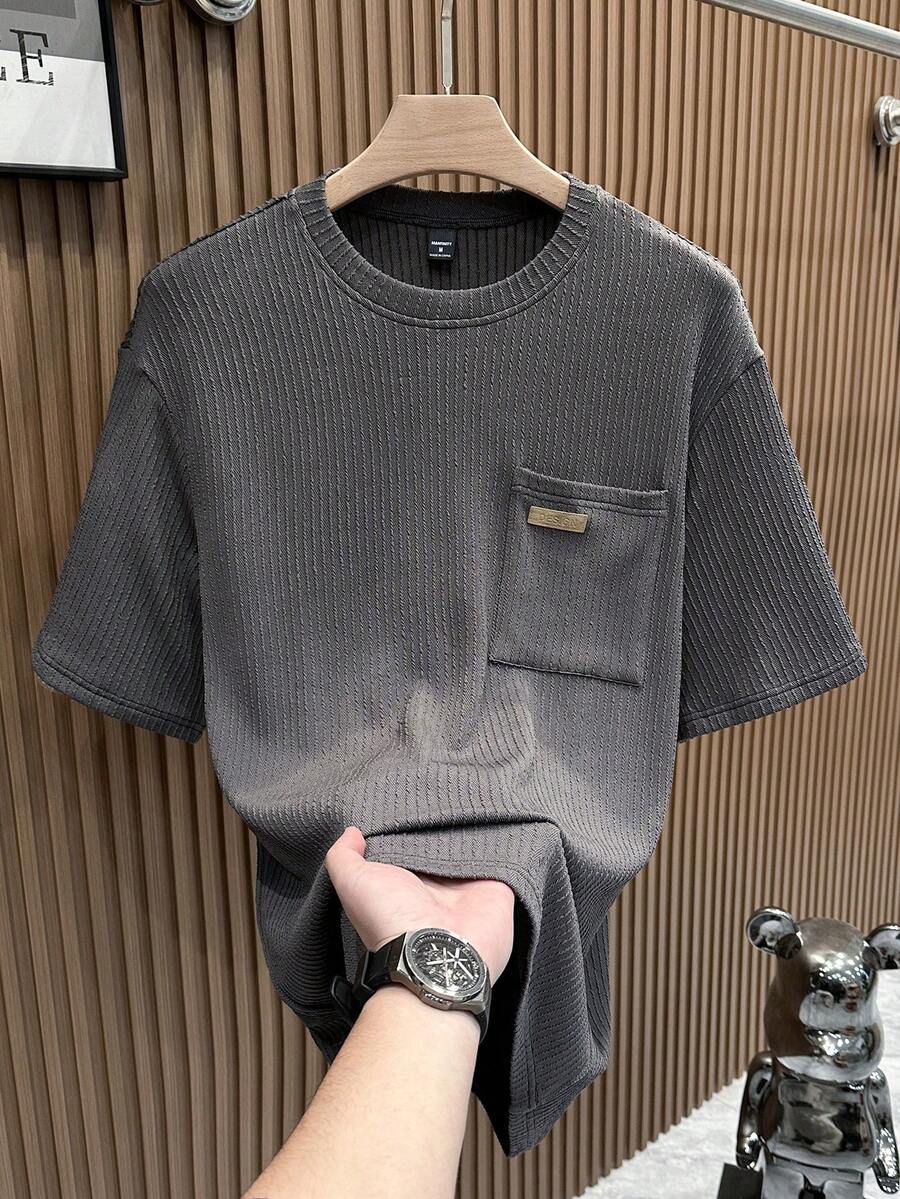 Manfinity Homme Camiseta Casual de Manga Curta e Gola Careca de Cor Sólida para Homens, Verão - Cinza - Visão 1