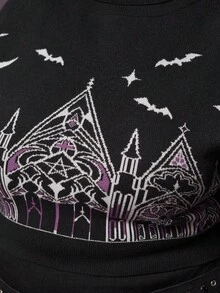 ROMWE Áo len cổ cao phối màu tương phản họa tiết lâu đài và thánh giá kiểu Gothic dành cho nữ, cỡ lớn. - Màu tím - Xem 2
