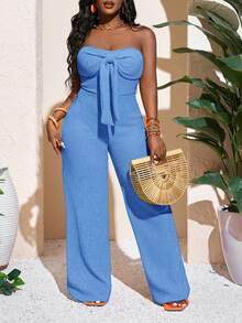 Slaydiva 新款春夏休闲度假性感优雅抹胸蝴蝶结直筒阔腿超长裤橙色条纹针织女式连体裤 - 淺藍色 - 查看 3