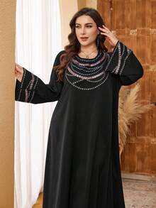 Al Najma جلابيات قفاطين رمضان فستان أنيق بياقة مستديرة وأكمام واسعة مزين بالخرز، للربيع/الصيف - الأسود - مشاهدة 7