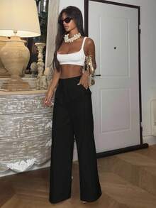 Ronhire 女士純色直筒高腰日常褲 - 黑色 - 查看 6