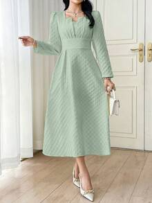 Modelyn 法式方领格纹提花褶裥连衣裙 - 灰藍色 - 查看 4