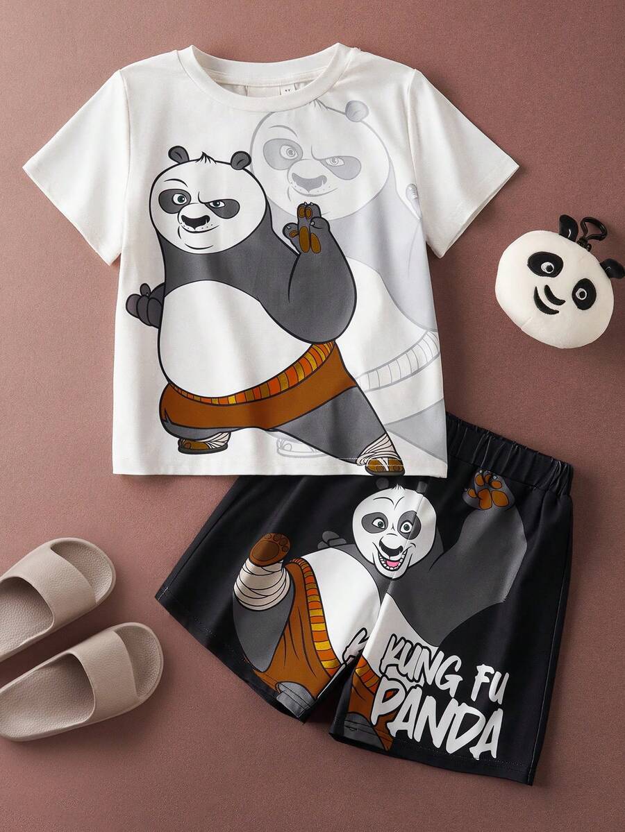SHEIN Kung Fu Panda 2pcs/Set Young Boy Panda Print Casual Round Neck Short Sleeve T-Shirt And Shorts Pajama Set, Summer - Black and White - View 1