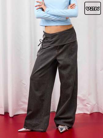 COUREZ Baggy Jeans With Bow Tie Waistband /Y2K Low Rise Jeans Fall Women Clothes Fall Clothes Going Out Outfits Low Waist Jeans