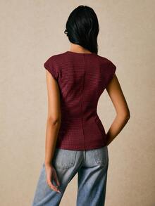 Poéselle 女士千鸟格圆领单排扣短袖休闲/工作衬衫 - 紅色 - 查看 7