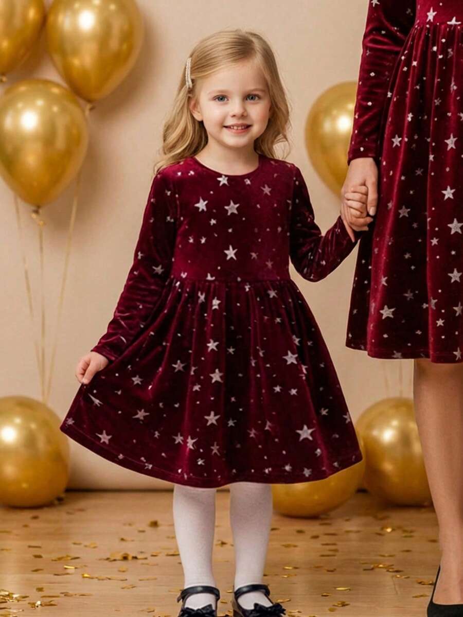 少女优雅可爱星形图案丝绒红色长袖连衣裙 - 酒紅色 - 查看 1