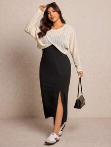 Elaquor 大码休闲通勤纯色短款吊带背心和连衣裙两件套 - 彩色 - 查看 1