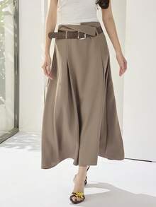 Heiryn Women's Solid Color Belted Waist Minimalist Versatile Skirt Belt Skirt Khaki Skirt Women Long Brown Skirt - Khaki - View 3