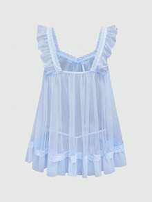 ROMWE Babydoll Kawaii Cute Loose Sheer Dress, Mesh Lace Patchwork Bow Mini Dress, Sexy Tulle Thong Set - Baby Blue - View 2