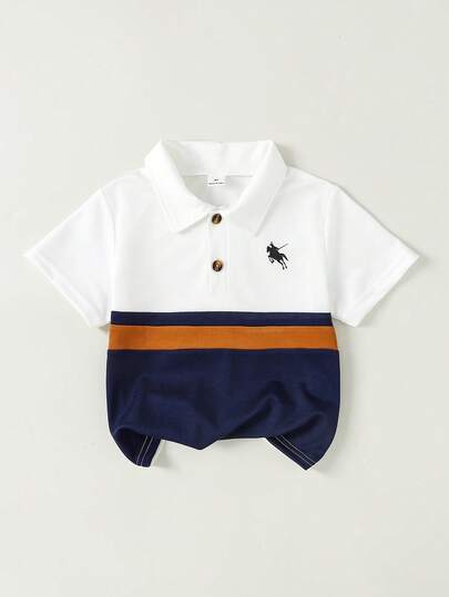 SHEIN 1pc Young Boy Casual Contrast Color Short Sleeve Polo Shirt, Suitable For 4-7 Years Old Boys In Spring/Summer