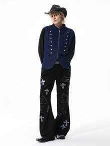 ROMWE MEN Jeans acampanados con bolsillo con gráfico de cruz de rhinestone y desgastados para hombres - Negro - Ver 8