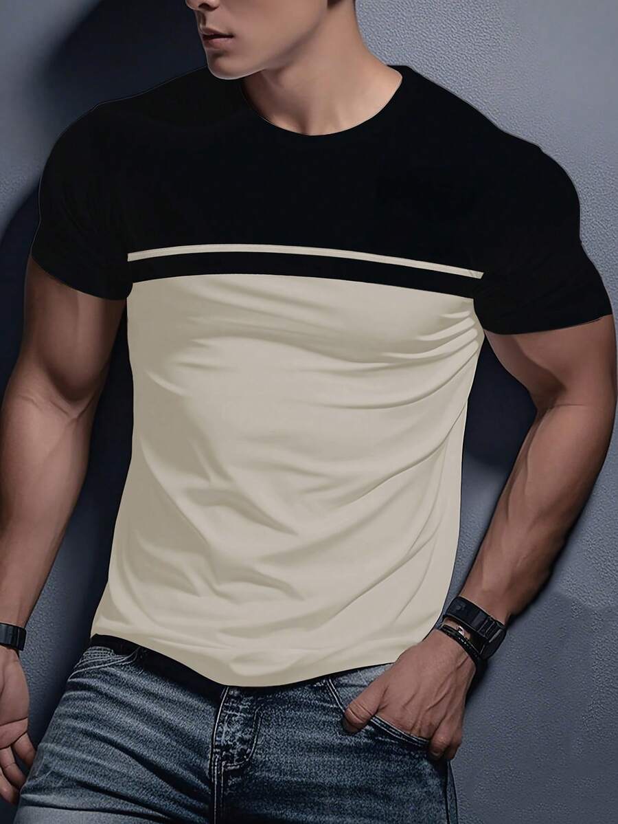 Manfinity Dauomo Áo thun nam cổ tròn tay ngắn màu tương phản thường ngày, đa năng cho mùa hè - Nhiều màu - Xem 1