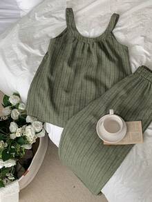 DAZY 极简条纹无袖休闲女式睡衣套装 - 綠色 - 查看 3