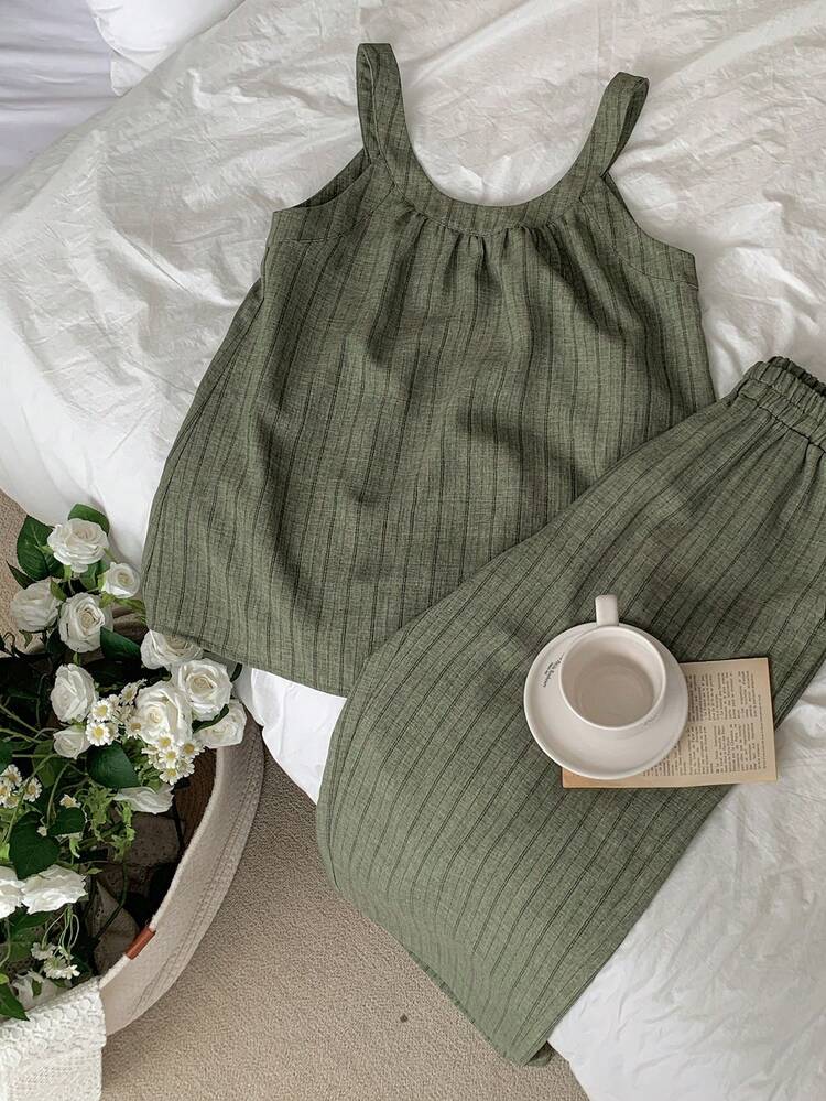 Minimalist Striped Sleeveless Casual Women Pajama Set