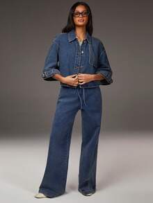 Athîral Women's Single Breasted Shoulder Down Casual Loose Blue Denim Jacket, Handsome Street Denim Jacket, Loose Cape Style Jacket, Go Out Outfit, Versatile Item, Spring/Summer Outfit, Spring Break Outfit, - Blue - View 6