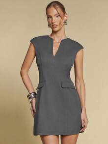 COSMINA Women's V-Neck Gray Cap Sleeve Minimalist A-Line Mini Dress, Old Money Style Dress, Office Commuter Mini Dress - Grey - View 6