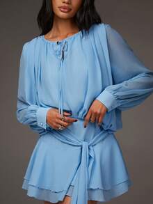 Athîral 女士休闲蓝色长袖迷你连衣裙 - 淺藍色 - 查看 5