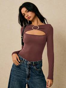 Poéselle 女士纯色金属环连体衣 - 紅木色 - 查看 6