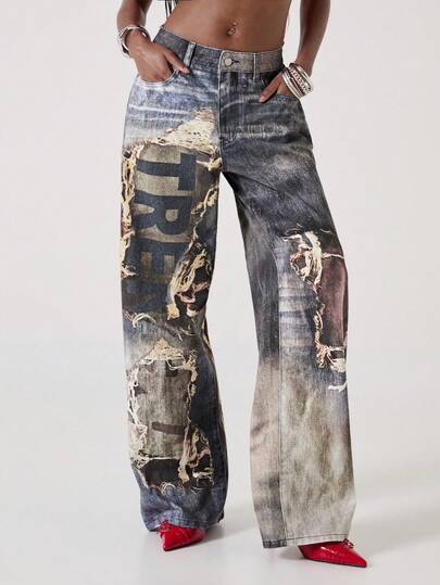 ROMWE Avant Damen Jeans mit Destroyed-Optik und Grafik-Muster, taillenniedrig, locker geschnitten, lässiger Streetwear-Stil