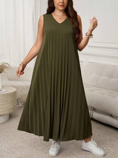 SHEIN LUNE Vestido casual suelto con cuello en V y pliegues para mujer de talla grande, adecuado para citas y salidas