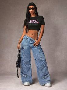 Jeanoix Plus Size Women Street Style Loose Multi-Pocket Denim Jeans Baggy Jeans Y2k Oversized Jeans Loose Jeans Cargo Jeans Wide Leg Jeans - Blue - View 3