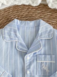 新生儿连体衣，蓝白条纹，前口袋，刺绣马图案，翻领，长袖，长裤，连体裤，爬行服，家居服 - 淺藍色 - 查看 5