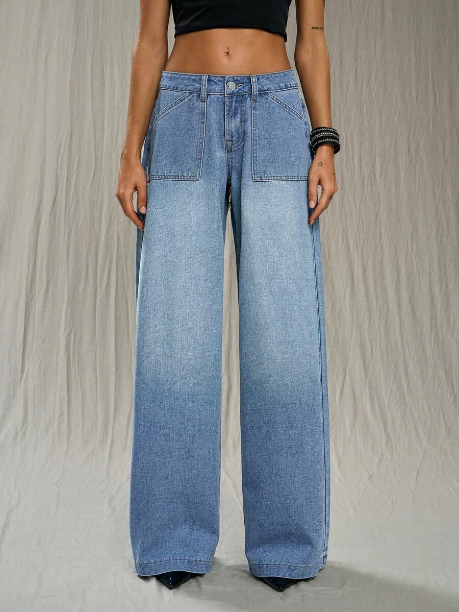 TRNVIE Quần jeans ống đứng cạp thấp có túi, kiểu dáng thời trang thường ngày. - Rửa trung bình - Xem 1