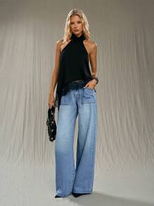 TRNVIE Quần jeans ống đứng cạp thấp có túi, kiểu dáng thời trang thường ngày. - Rửa trung bình - Xem 5