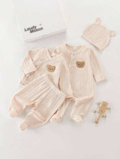 5pcs Newborn Baby Long Sleeve Footed Jumpsuit, Pants, Hat Set, Cute Jacquard Knit, Soft & Comfortable, Best Gift For Newborns
