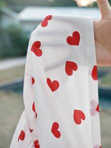 Cozy Pixies Baby Girl Heart Pattern Knitted Soft Round Neck Puff Sleeve Cinched Waist Dress, Stretchy, Suitable For Valentine's Day - Red and White - View 8