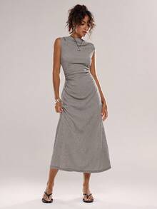 Avantive Black And White Checkered Stretch Sleeveless Long Dress For Workwear, Minimalist Design Summer Outfit For Women Spring Break Outfits Valentine's Day Fasching Women Costume Beach Outfits For Women Casual Outfit Formal Wedding Party,Formal Occasion,Special Occasion Elegant,Chic,Re-Wearable Comfortable Date Night Romantic Carnival Going Out Summer Vacation Outfits Casual Sleeveless Dress Casual Long Dress Gray Dress For Women - Black and White - View 3