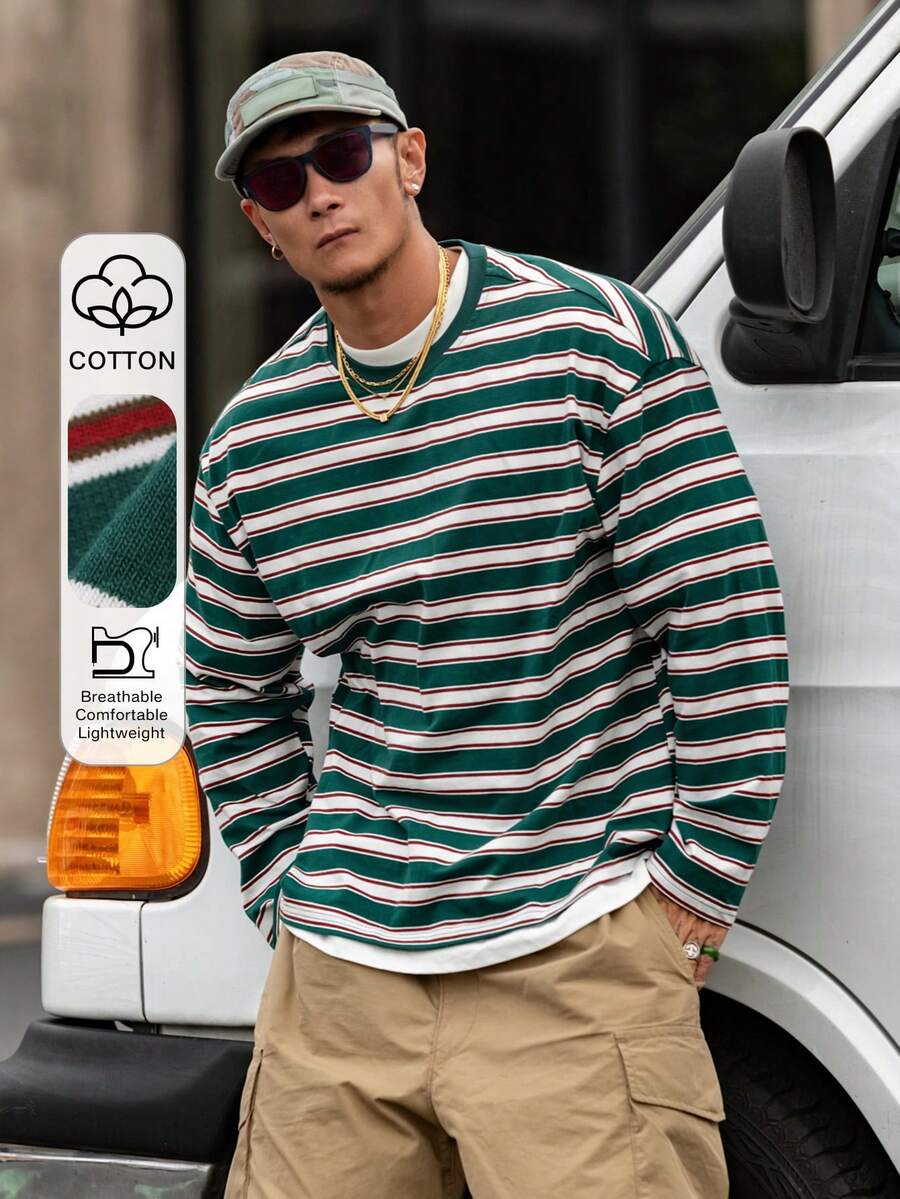 DAZY Áo thun nam cổ tròn vải sọc xanh trắng, mùa thu - Nhiều màu - Xem 1