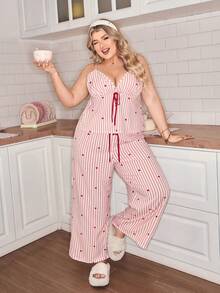 SweetSlumber Cute Casual Soft Comfortable Heart Striped Jacquard Knit Sexy Camisole Plus Size Pajama Set Curvy Sleepwear Curve Pajamas Set Sexy Pajamas For Woman Curve Curvy Pajama Sets Plus Size Sleepwear Set
