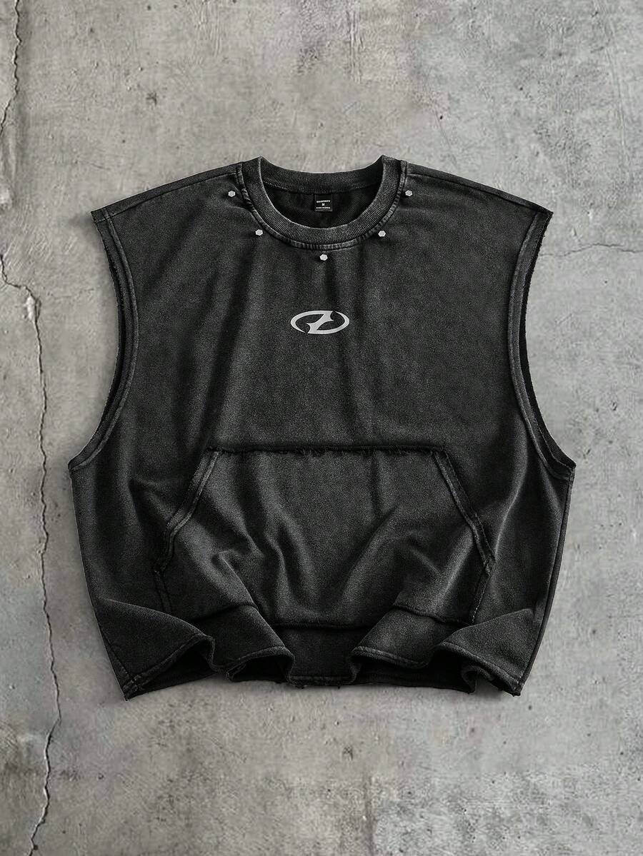 AXEPEAK Men's Casual Loose Fit Sleeveless Tank Top, Black With Snow Flake Pocket, Rivet Trim, Screen Print - Black - View 1