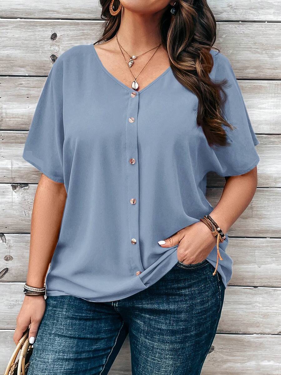 EMERY ROSE 春季大码女式橙色纽扣装饰短袖衬衫 - 藍色 - 查看 1