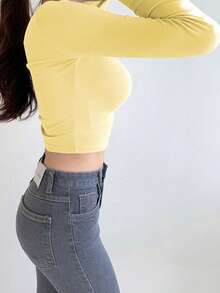 DAZY Của phụ nữ Thon gọn Quần skinny Tay áo dài Áo thun - Màu vàng - Xem 6