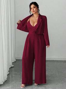 SHEIN PETITE CURVE Bộ đồ liền thân ống rộng 2 món, áo khoác blazer công sở thanh lịch tối giản dành cho nữ cỡ lớn và áo liền quần không tay thắt eo - Màu Đỏ Sâu - Xem 6
