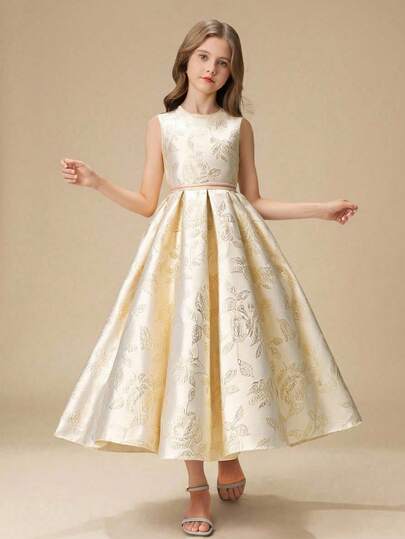 Tween Girls Round Neck Sleeveless Jacquard A-Line Pleated Back Dress, Luxurious, Elegant Flower Girl/Bridesmaid Wedding Dress