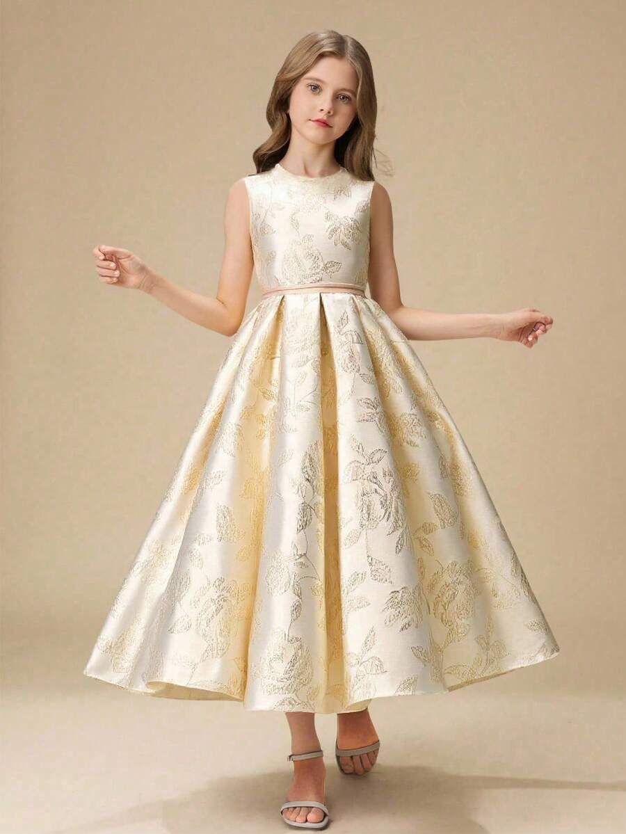 Tween Girls Round Neck Sleeveless Jacquard A-Line Pleated Back Dress, Luxurious, Elegant Flower Girl/Bridesmaid Wedding Dress - Apricot - View 1