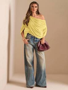 SHEIN BAE 秋冬季纯色棕色/咖啡色露肩褶皱连体衣，修身优雅连体衣，垂褶上衣 - 黃色 - 查看 6