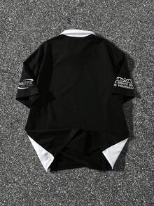 PAVTROS 男士字母印花撞色短袖休闲Polo衫 - 黑與白 - 查看 2